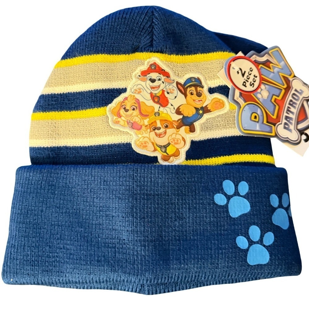 NWT Kids Paw Patrol 2 Piece Winter Hat and Mitten Set Blue Yellow Stripe 2-3 yr